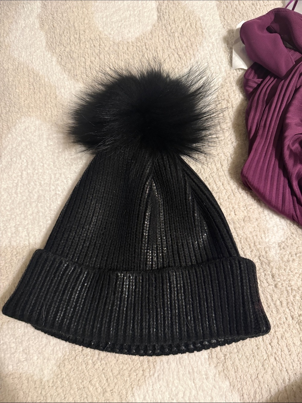 Adrienne Landau Black Ribbed Pom-Pom Beanie
